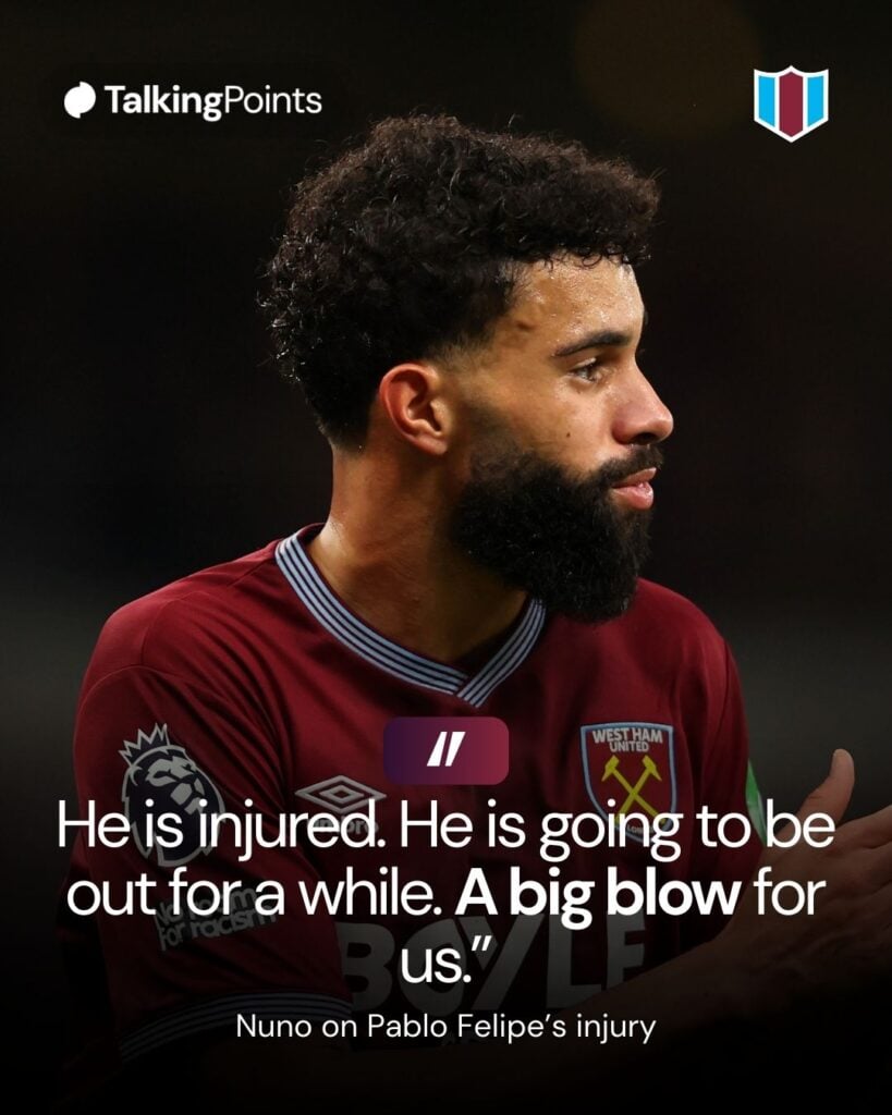 Pablo of West Ham United during the Premier League match between Tottenham Hotspur and West Ham United at Tottenham Hotspur Stadium on January 17, 2026 in London, England.