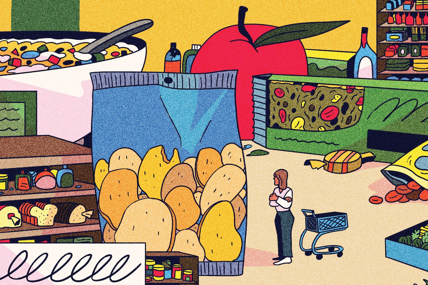 Illustration of a supermarket where products appear larger-than-life and a lone shopper with an empty shopping cart stands in the middle looking confused. In the center, there's a giant bag of chips, nearby there are large wrapped hard candies on the ground, in the background there's a giant apple and a bowl of cereal among other items.