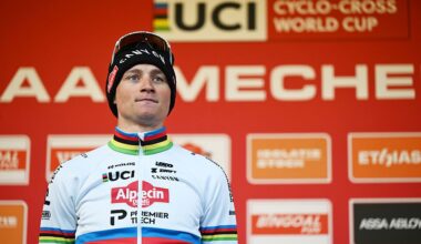 MAASMECHELEN, BELGIUM - JANUARY 24: Mathieu van der Poel of Netherlands and Team Alpecin-Premier Tech celebrates at podium as race winner during the 4th UCI Cyclo-cross World Cup Maasmechelen 2026 - Men&amp;apos;s Elite on January 24, 2026 in Maasmechelen, Belgium. (Photo by Luc Claessen/Getty Images)