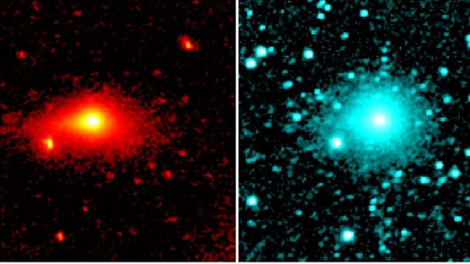 Two images side by side, the one on the left shows a large glowing ball of light in red near a bunch of glowing red dots, with the image on the left being the same image but in blue