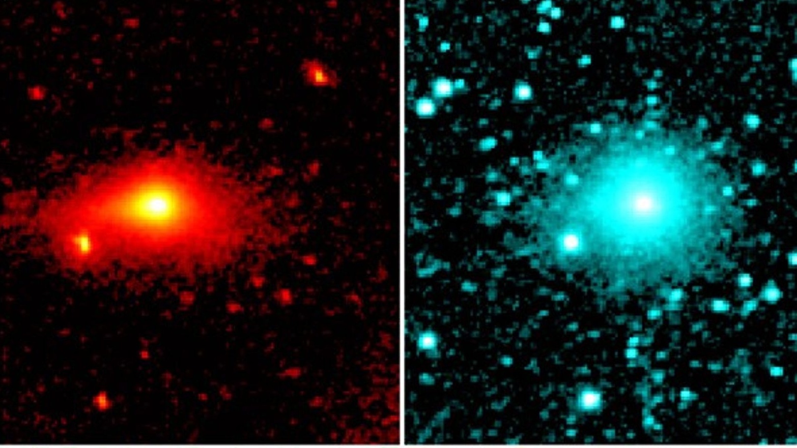 Two images side by side, the one on the left shows a large glowing ball of light in red near a bunch of glowing red dots, with the image on the left being the same image but in blue