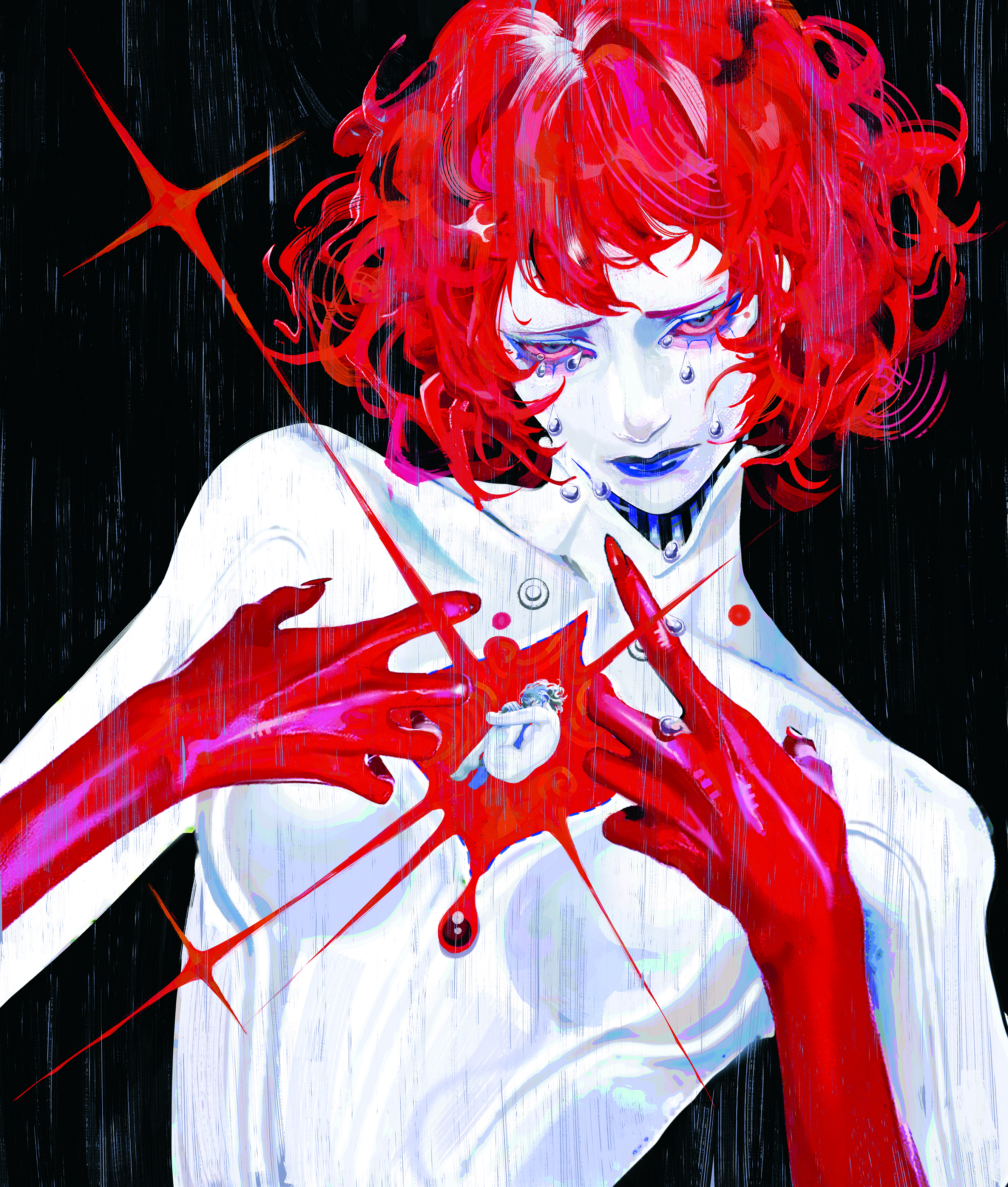 Digital art showing a character drawing in chaotic vibrant red and high contrast colours