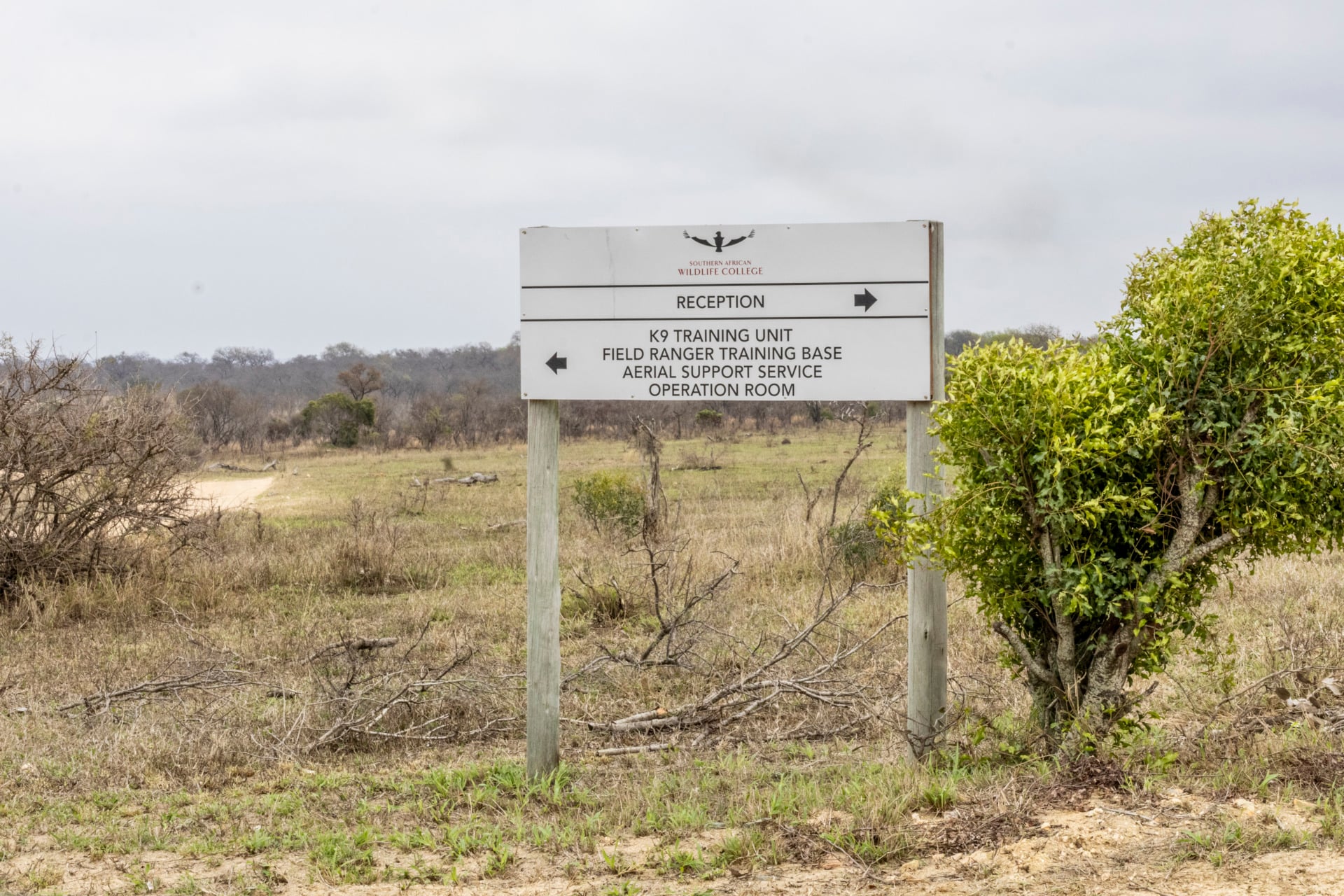 Signpost at Southern African Wildlife College points to ranger training, K9 unit, and operations