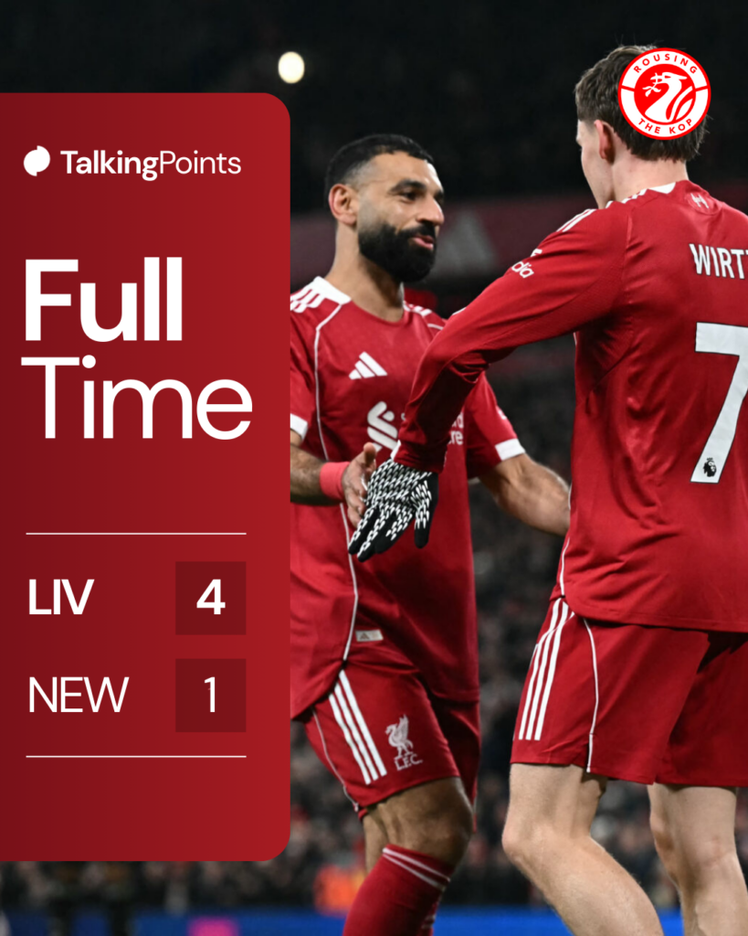Florian Wirtz and Mohamed Salah celebrate a goal against Newcastle United for Liverpool in the Premier League at Anfield (Credit: Getty Images).