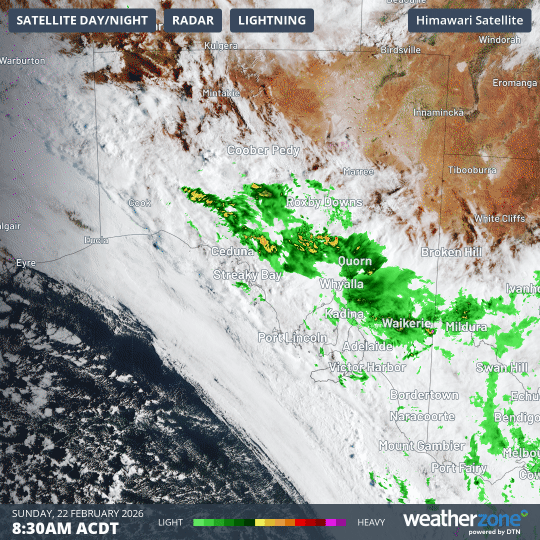 Satellite, radar and lightning across South Australia on Sunday, February 22, 2026, indicating the line between wet and not-so-wet.