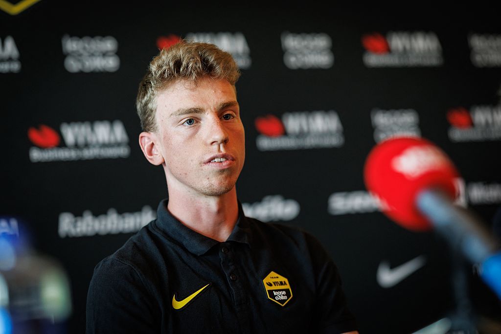 Britain's Matthew Brennan of Team Visma-Lease a Bike gives a press conference ahead of the Omloop Het Nieuwsblad, the opening race of the Flemish classic one-day races season, in Deerlijk, on February 26, 2026. (Photo by KURT DESPLENTER / Belga / AFP) / Belgium OUT