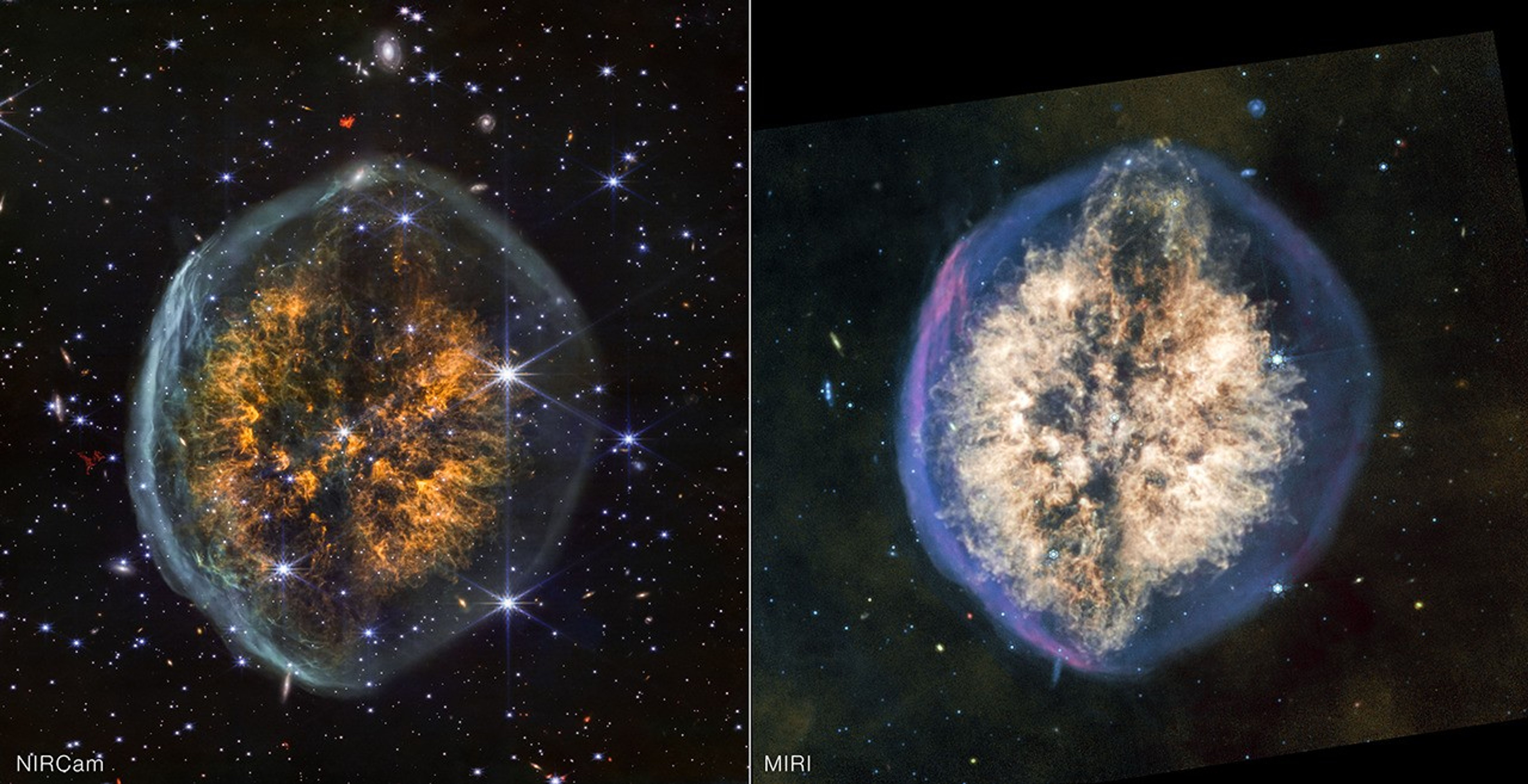Side-by-side images of the same nebula show how differently it appears in near-infrared, on the left, versus mid-infrared light, on the right. Left image is labeled NIRCam and the right is labeled MIRI.<p>In near-infrared, the nebula's outer bubble has a white edge and its inner clouds are orange, with a distinct dark lane cutting vertically through the center. Stars and background galaxies appear around the nebula and through the outer bubble.</p>
<p>In mid-infrared, the outer bubble has a bluish tint and there is more material in the inner clouds, which are colored off-white. The vertical dark lane is still present but more interrupted and covered by the clouds. Material appears to be erupting out the top of the nebula, and this effect is mirrored to a lesser degree at the bottom, opposite end.