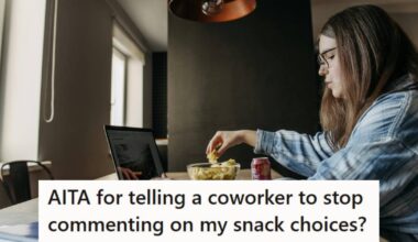 Woman sitting at her desk eating snacks such as chips and soda