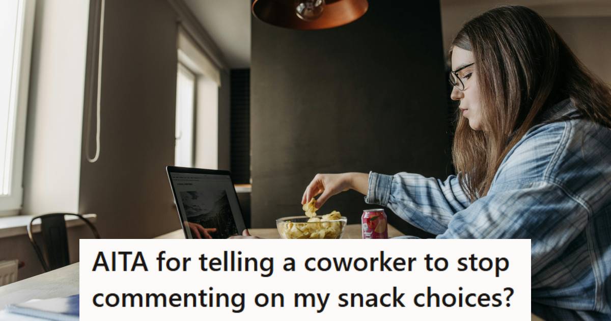 Woman sitting at her desk eating snacks such as chips and soda