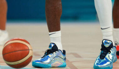 Sneakers worn by Boston Celtics guard Jaylen Brown during the first half of an NBA basketball game against the Los Angeles Lakers Sunday, Feb. 22, 2026, in Los Angeles. (Katie Chin/AP)