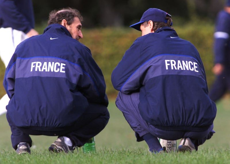 France coach Jean-Claude Skrela (right) speaks with his assistant Pierre Villepreux during a training session in Dublin in 1999. Photograph: Gabriel Bouys/AFP via Getty Images   