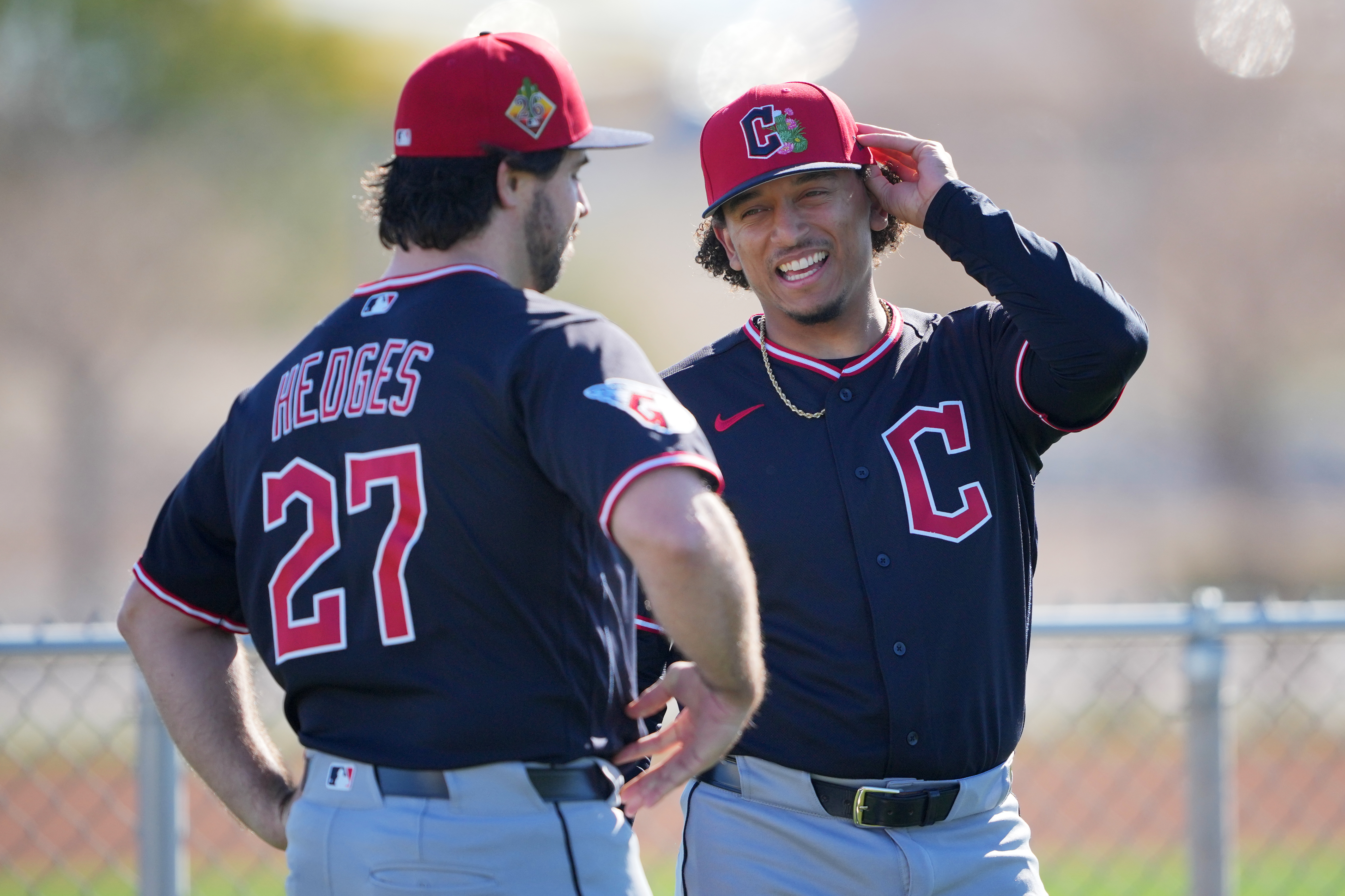Cleveland Guardians catcher Austin Hedges and catcher Bo Naylor talk...