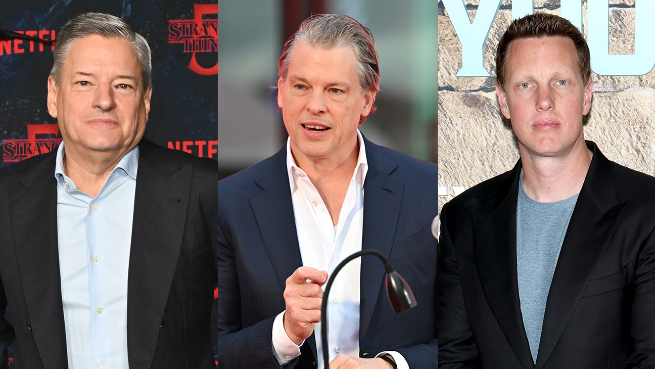 Ted Sarandos, Greg Peters and David Ellison