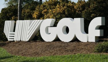 Apr 6, 2024; Miami, Florida, USA; The LIV Golf logo is on display along the 10th hole during the second round of LIV Golf Miami golf tournament at Trump National Doral. Mandatory Credit: Reinhold Matay-USA TODAY Sports