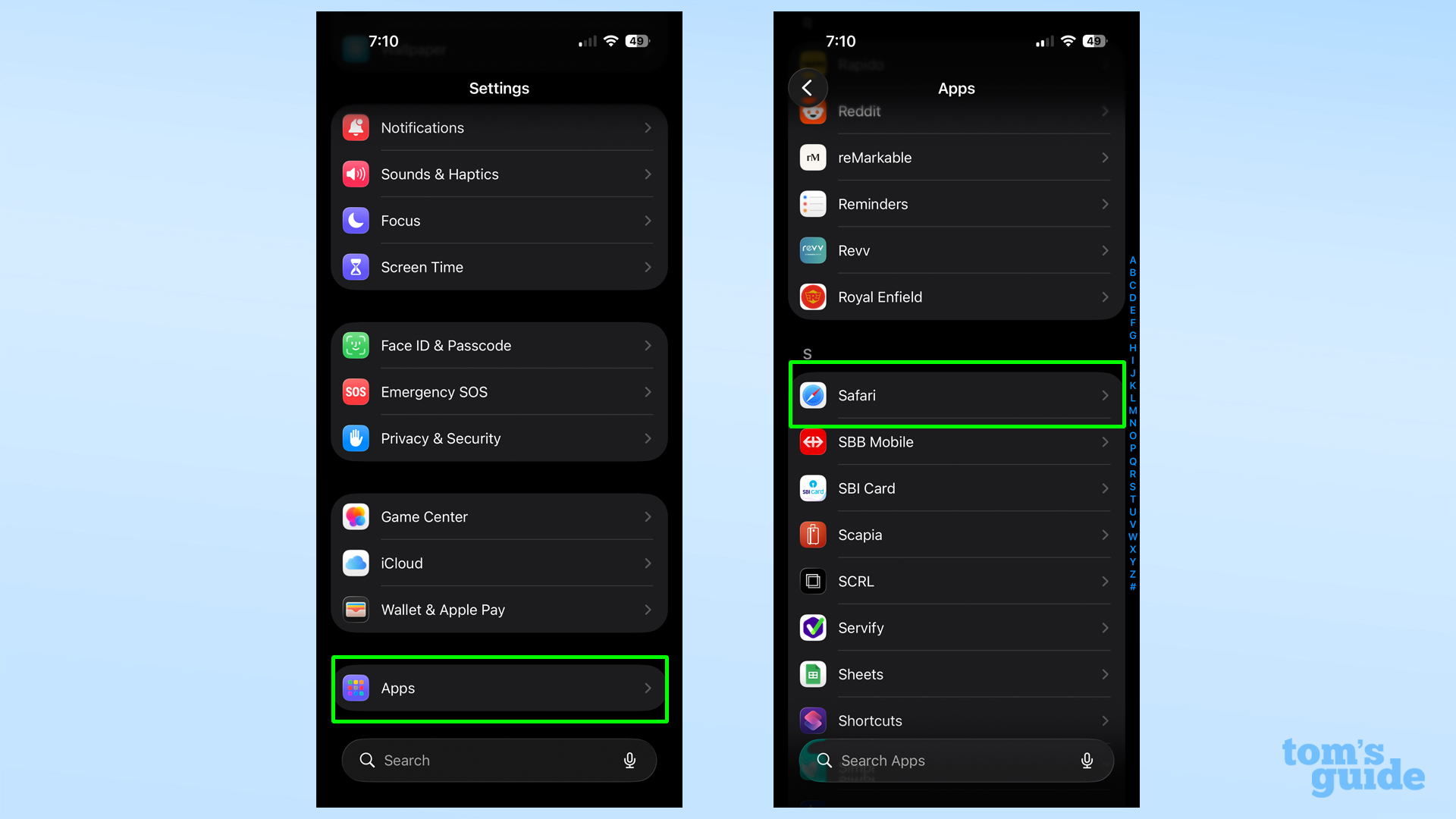 The location of the Apps settings, and within that the Safari settings, in the main iOS Settings app