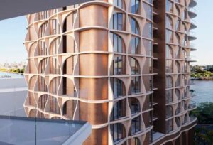 Architectural rendering of the podium level and ground plane of the proposed Bloom development, showing the building from a neighbouring tower