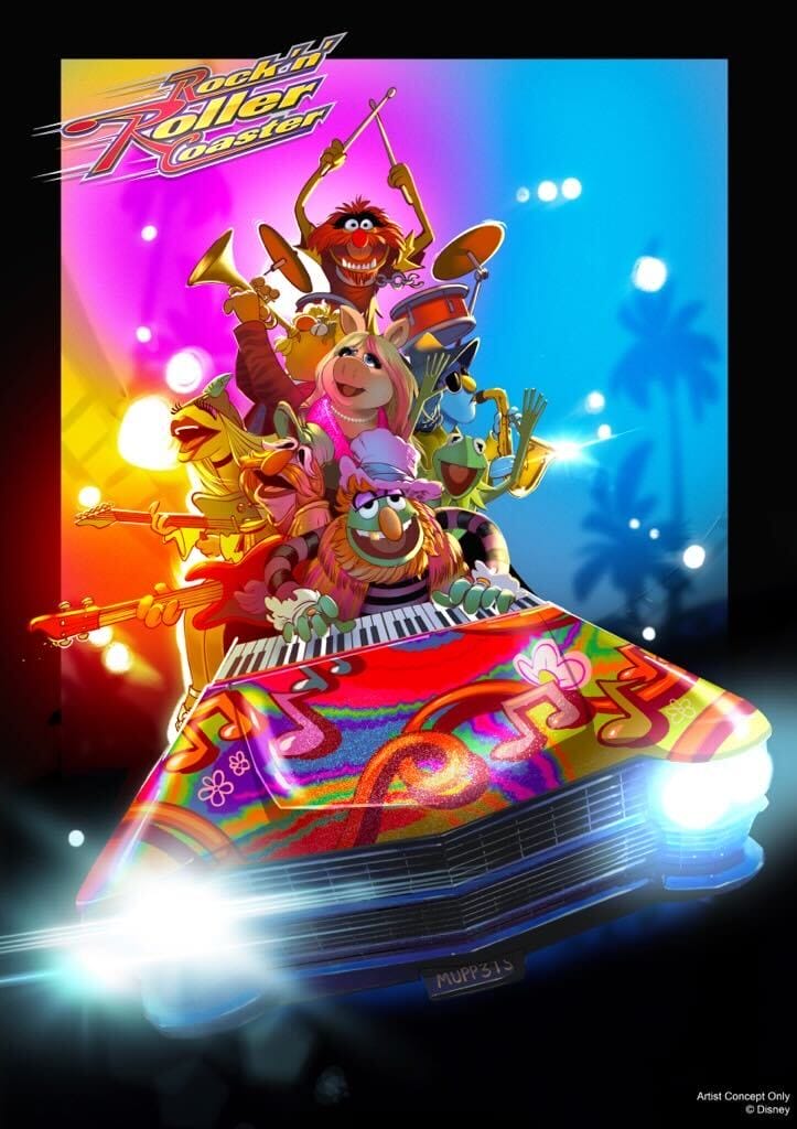 Promotional artwork for Rock 'n' Roller Coaster Starring the Muppets in Disney's Hollywood Studios in Walt Disney World