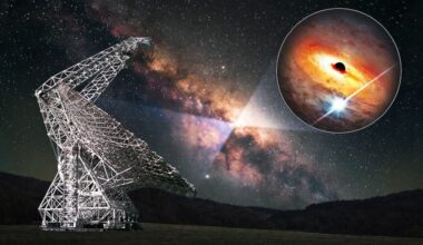 An image showing a metal radio antenna to the left under a glowing band of the Milky Way in the night sky with a circle cutout to the right of the image showing an illustration of a black sphere surrounded by glowing gas