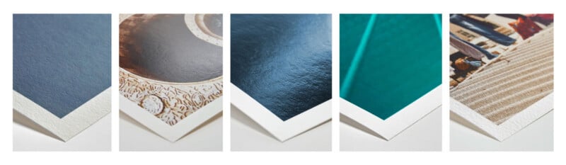 Five close-up images of the corners of printed photos, each on different textured papers, showcasing various paper finishes and surfaces for photo printing.