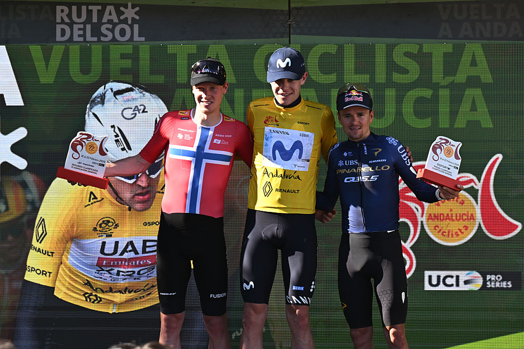 LUCENA, SPAIN - FEBRUARY 22: (L-R) Andreas Leknessund of Norway and Team Uno-X Mobility on second place, race winner Ivan Romeo of Spain and Team Movistar - Yellow Leader Jersey and Thomas Pidcock of Great Britain and Team Pinarello Q36.5 Pro Cycling on third place pose on the podium ceremony after the 72nd Vuelta a Andalucia Ruta Ciclista Del Sol 2026, Stage 5 a 167.8km stage from La Roda de Andalucia to Lucena on February 22, 2026 in Lucena, Spain. (Photo by Szymon Gruchalski/Getty Images)