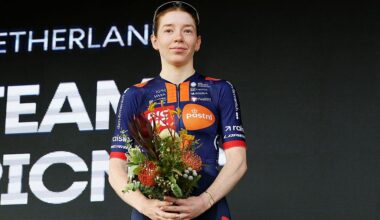 GEELONG, AUSTRALIA - JANUARY 31: Josie Nelson of United Kingdom and Team Picnic PostNL celebrates at podium as second place winner during the 10th Mapei Cadel Evans Great Ocean Road Race 2026, Women&amp;apos;s Elite a 141.2km one day race from Geelong to Geelong / #UCIWWT / on January 31, 2026 in Geelong, Australia. (Photo by Con Chronis/Getty Images)
