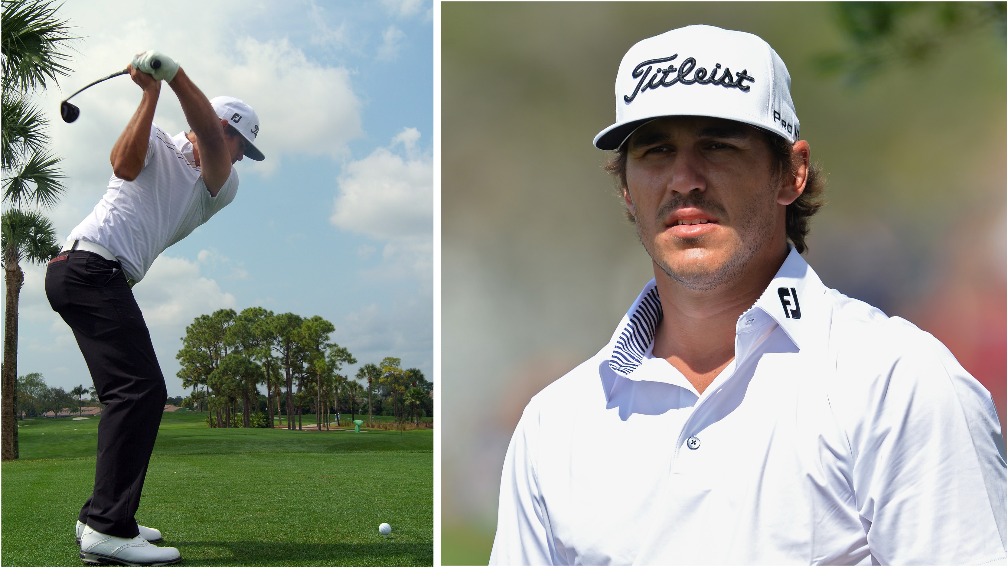 Brooks Koepka at the top of his backswing and from the chest up in a white polo and white Titleist cap