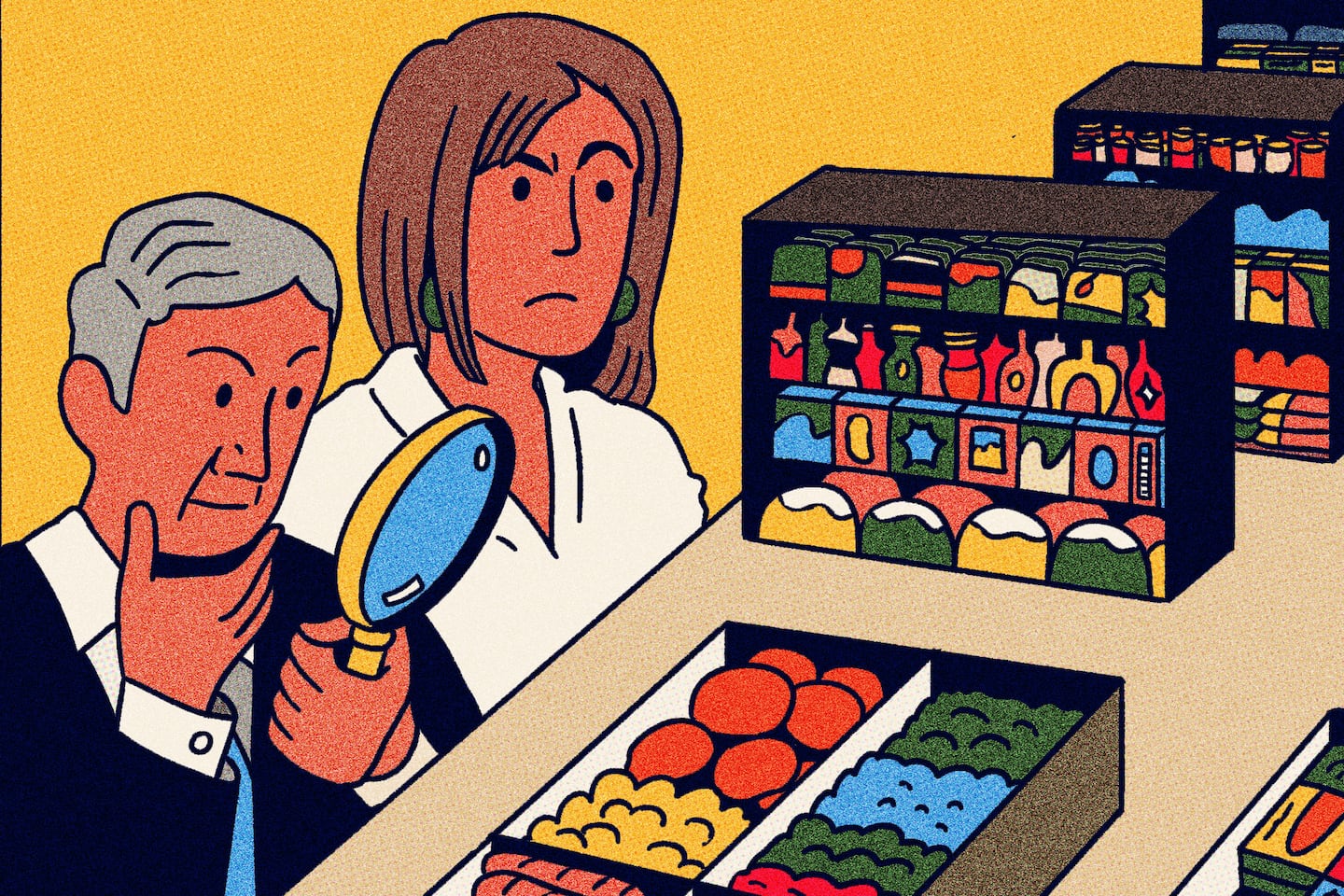 Drawing of two people inspecting grocery store shelfs and bins close-up with a magnifying glass.