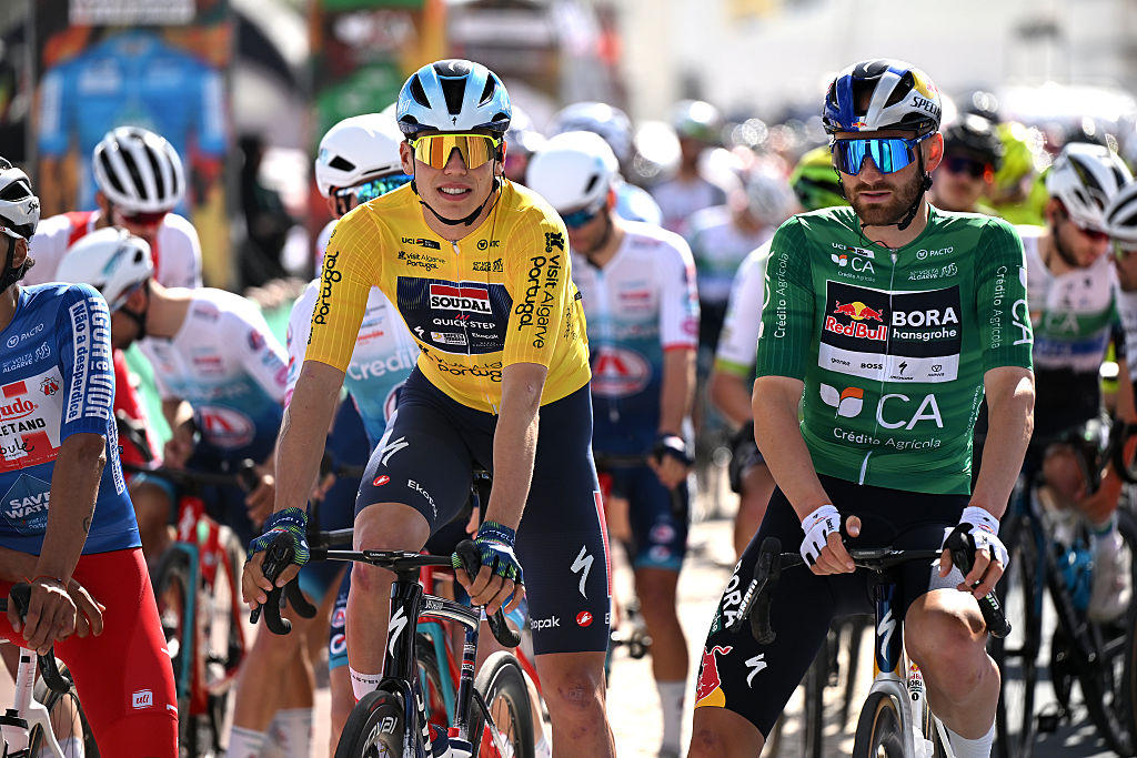 PORTIMAO, PORTUGAL - FEBRUARY 19: (L-R) Paul Magnier of France and Team Soudal Quick-Step - Yellow Leader Jersey and Jordi Meeus of Belgium and Team Red Bull - BORA - hansgrohe - Green Points Jersey prior to the 52nd Volta ao Algarve em Bicicleta 2026, Stage 2 a 183.5km stage from Portimao to Foia (Monchique) 882m on February 19, 2026 in Portimao, Portugal. (Photo by Dario Belingheri/Getty Images)