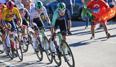LOULE, PORTUGAL - FEBRUARY 22: (L-R) Oscar Onley of Great Britain and Team INEOS Grenadiers, Juan Ayuso of Spain and Team Lidl - Trek - Yellow leader jersey, Paul Seixas of France and Team Decathlon CMA CGM - White best young jersey and Matthew Riccitello of United States and Team Decathlon CMA CGM compete in the breakaway during the 52nd Volta ao Algarve em Bicicleta 2026, Stage 5 a 148.4km stage from Faro to Malhao - Loule 512m on February 22, 2026 in Loule, Portugal. (Photo by Dario Belingheri/Getty Images)