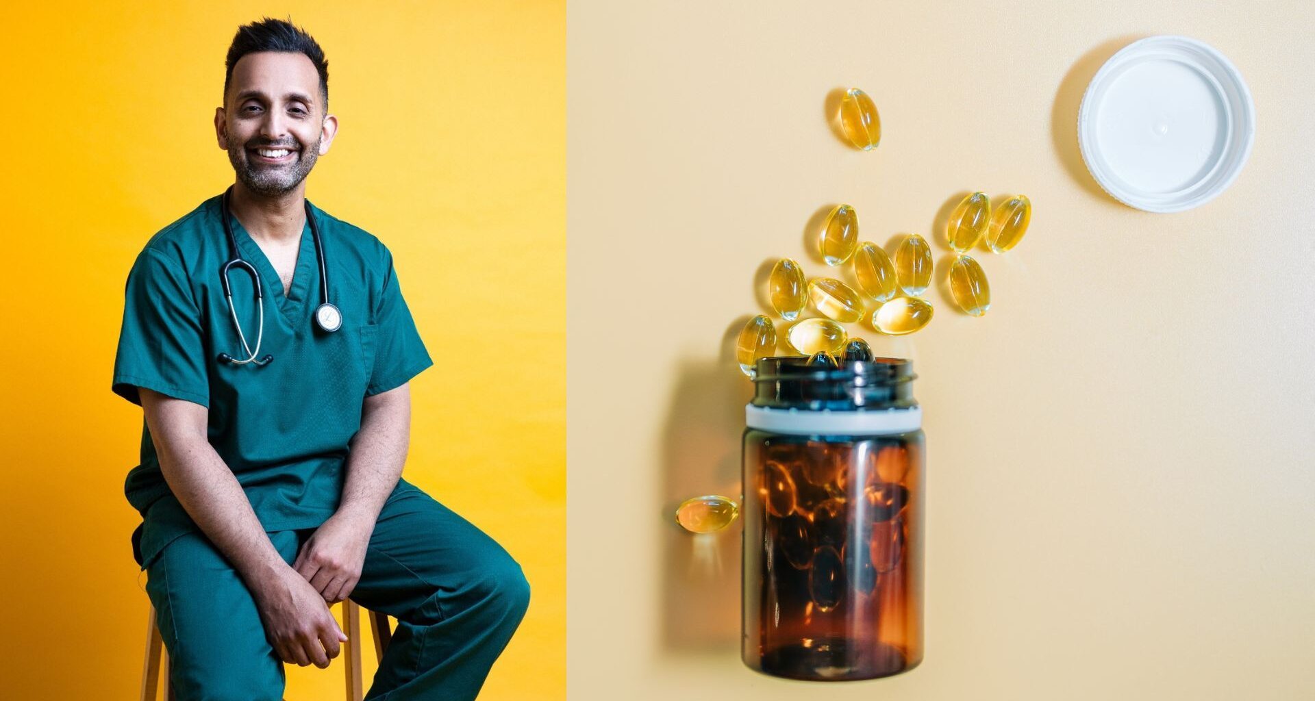 Dr Amir Khan with bottle of supplements open