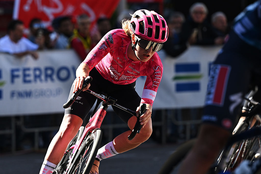VARESE, ITALY - OCTOBER 07: Cedrine Kerbaol of France and Team EF Education-Oatly competes during the 5th Tre Valli Varesine Women&amp;apos;s Race 2025 a 137km one day race from Busto Arsizio to Varese on October 07, 2025 in Varese, Italy. (Photo by Dario Belingheri/Getty Images)