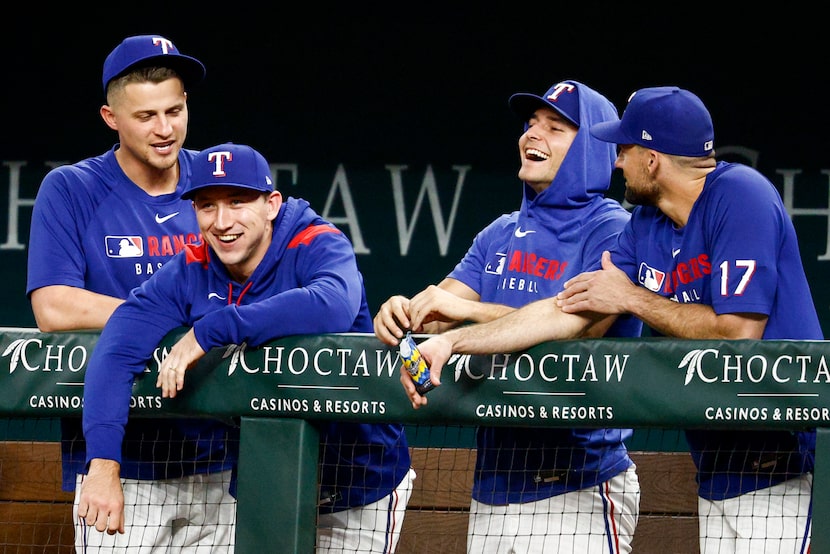 Texas Rangers players Corey Seager (from left), Wyatt Langford, Jack Leiter and Nathan...
