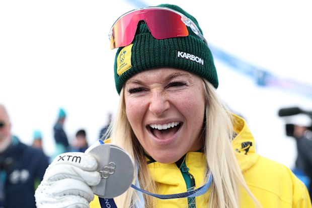 LIVIGNO, ITALY - FEBRUARY 18: Silver medallist Danielle Scott of Team Australia celebrates after the Women's Aerials Final on day twelve of the Milano Cortina 2026 Winter Olympic games at Livigno Air Park on February 18, 2026 in Livigno, Italy. (Photo by Cameron Spencer/Getty Images)