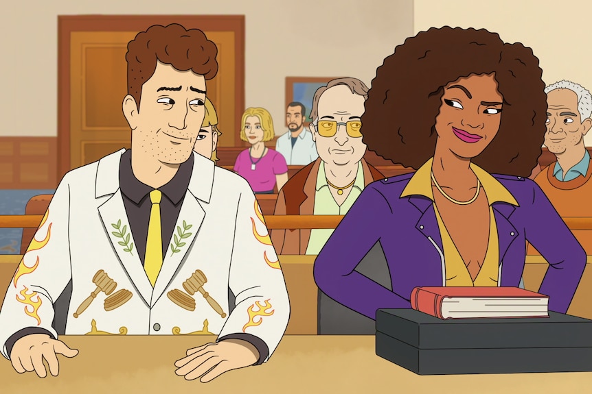 A cartoon of two people sitting in a courtroom