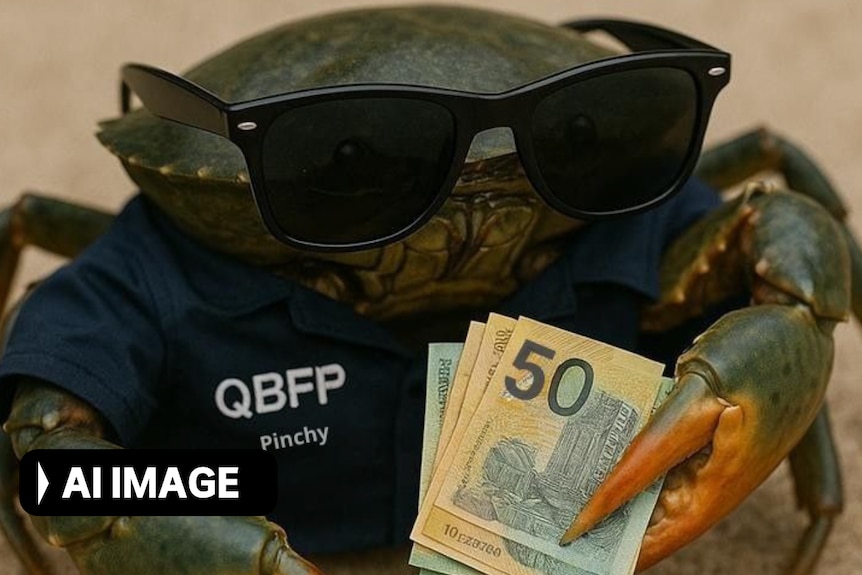An AI generated crab wearing sunglasses and holding a wad of fifty dollar notes