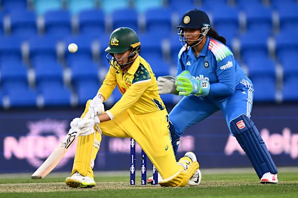 Phoebe Litchfield of Australia bats during game two in Hobart.