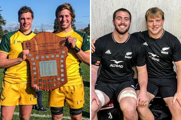 Joe Brial (holding shield, right) in Aussie colours, and playing for the New Zealand under 20s.
