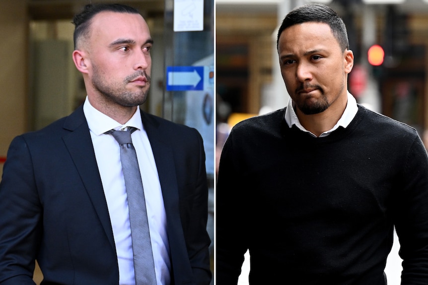 A composite image of Clayton Lewis and Kearyn Baccus arriving at court