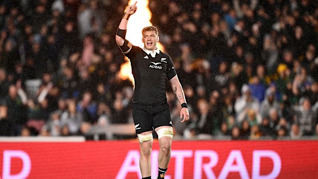 Fabian Holland of New Zealand celebrates following a Rugby Championship match.