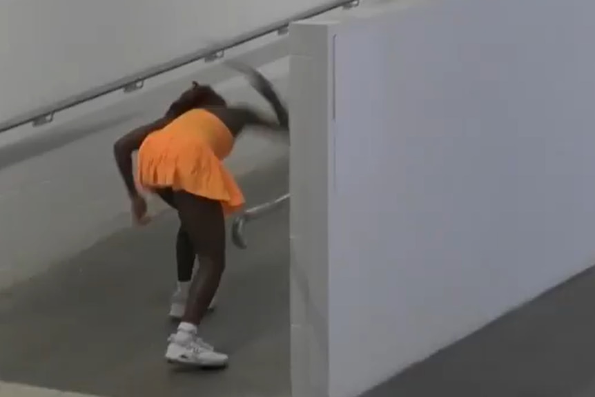 Coco Gauff smashes her racquet in CCTV video.