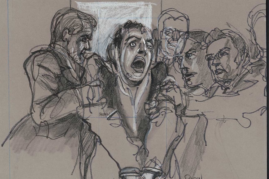 A sketch of a man looking shocked. 