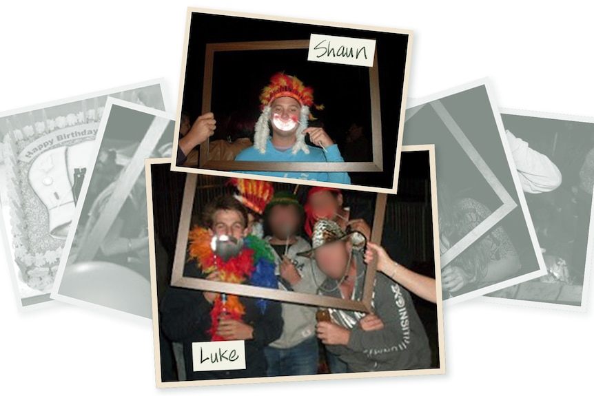 Photos of Luke and Shaun at a party, in fancy dress and posing in frames.