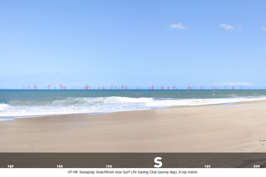 A map showing red wind turbines on the beach horizon.