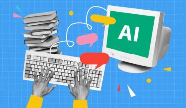 Graphic of outstretched hands on a keyboard, the letters AI showing on a nearby CRT monitor.