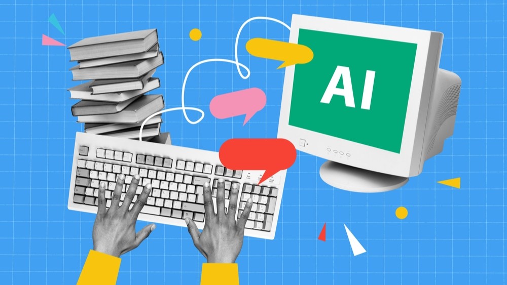 Graphic of outstretched hands on a keyboard, the letters AI showing on a nearby CRT monitor.
