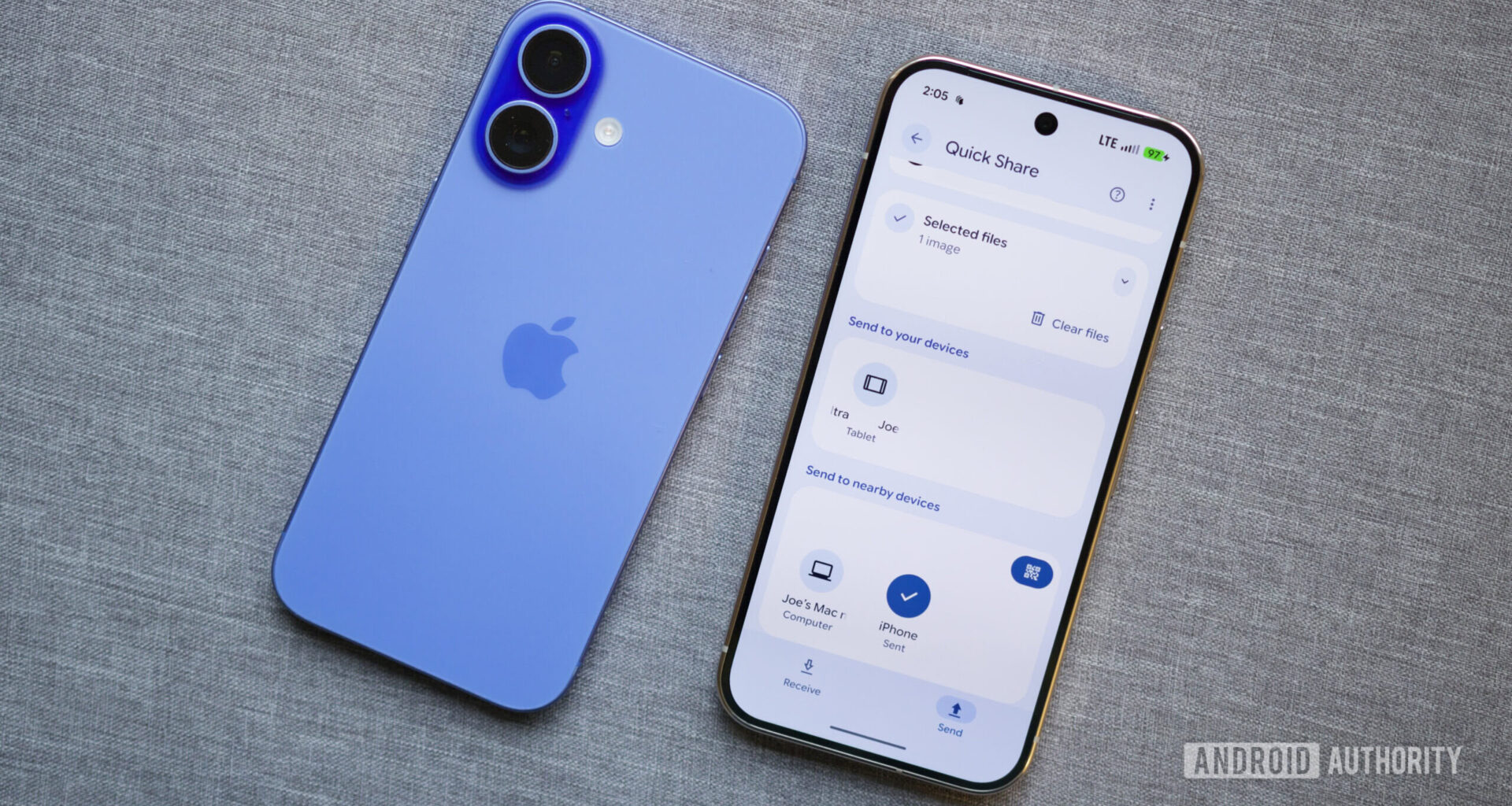 A Pixel 10 Pro sending a file to an iPhone over Quick Share.