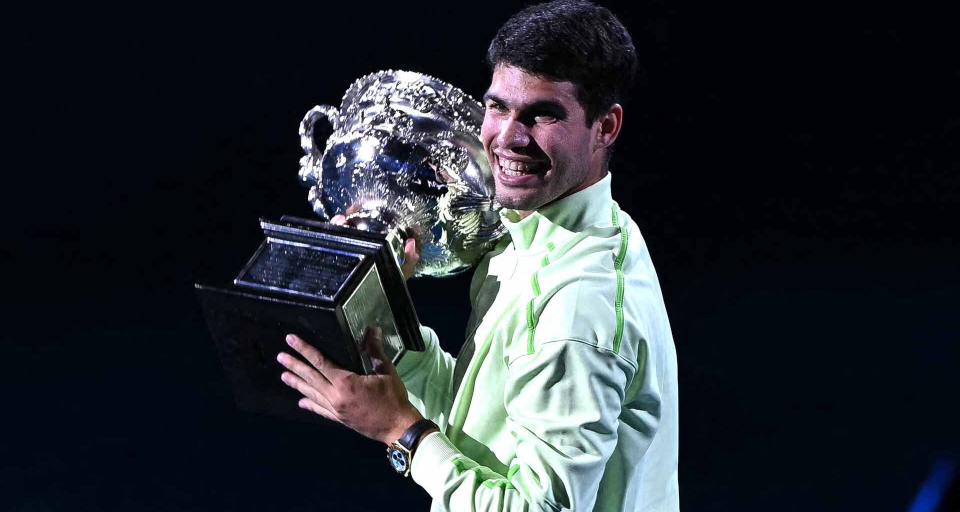 Carlos Alcaraz celebrates his first Australian Open victory.