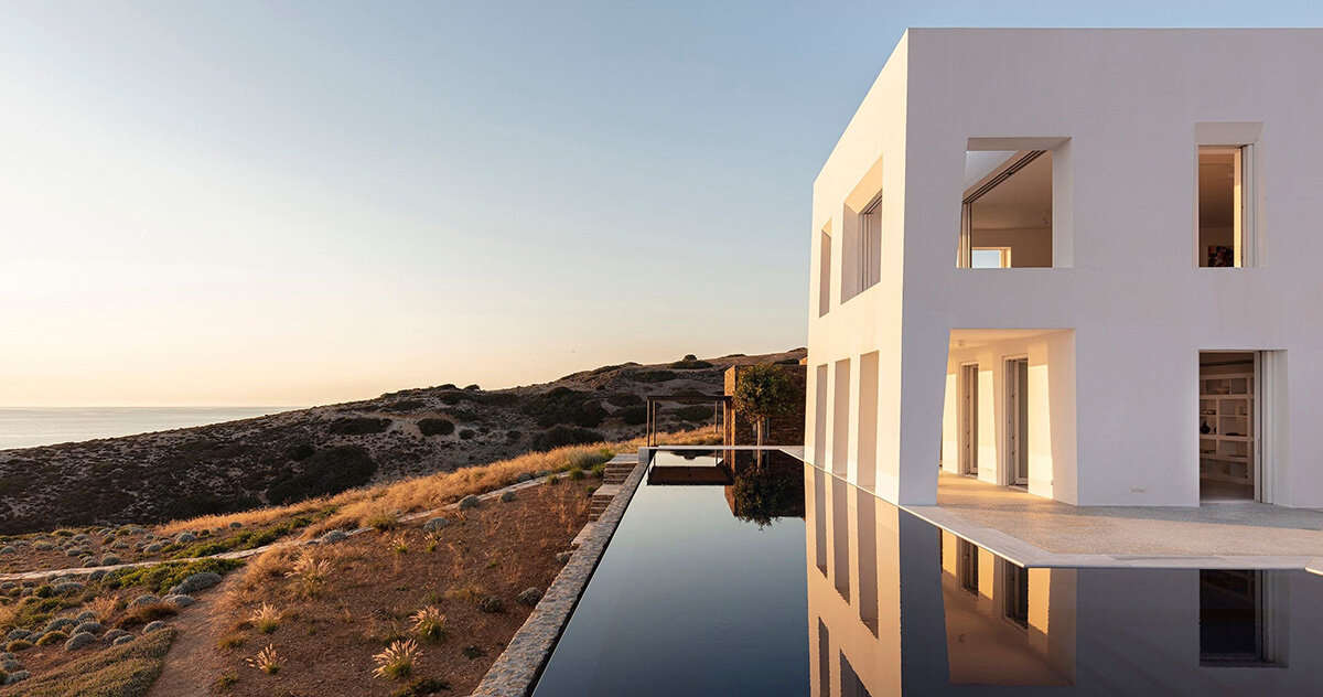monolithic 'avlakia house' overlooks island of antiparos, greece
