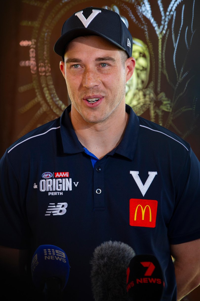 Zach Merrett, during a press conference at Kent Street Senior High School, in Kensington, Perth. Picture: Ross Swanborough