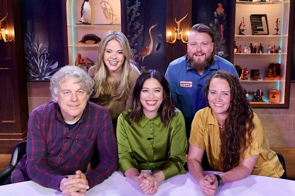 Tonight at the Museum host Alex Lee (middle) with (from left) Alan Davies, Tegan Higginbotham, Brett Blake and Zoe Coombs Marr.